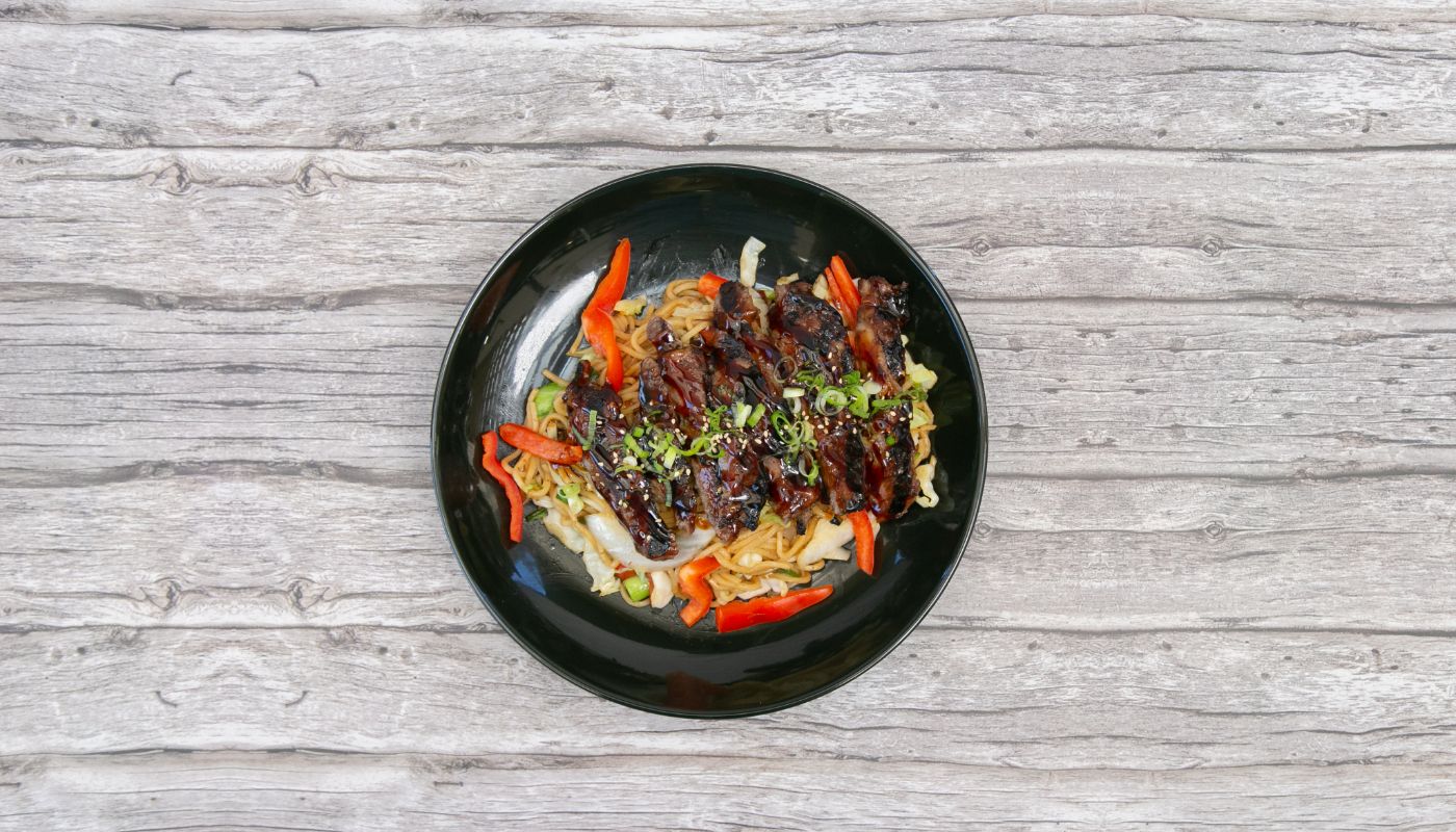 Yakisoba Noodles and Steak.