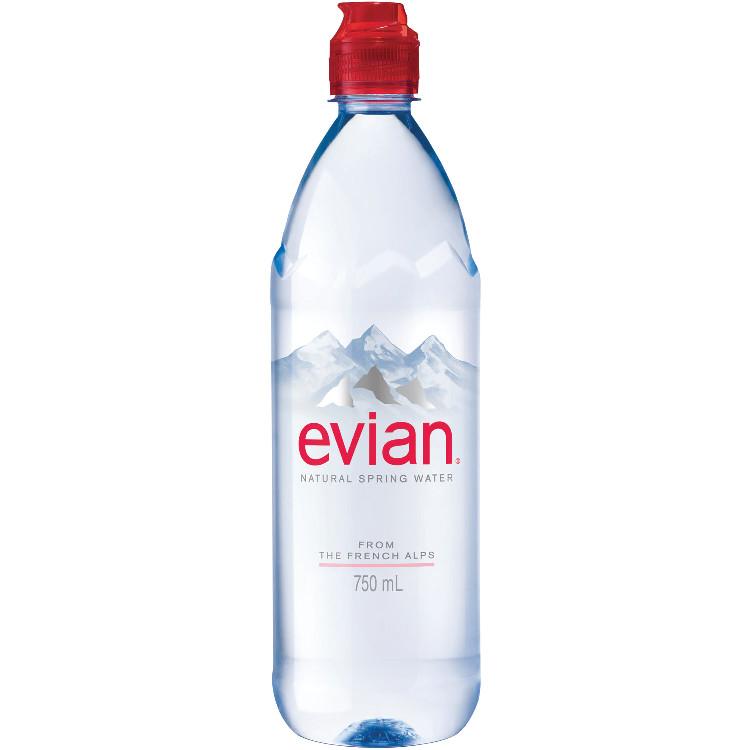 Evian Natural Spring Water, 750 ML (25.36 Fl Oz) Bottle.