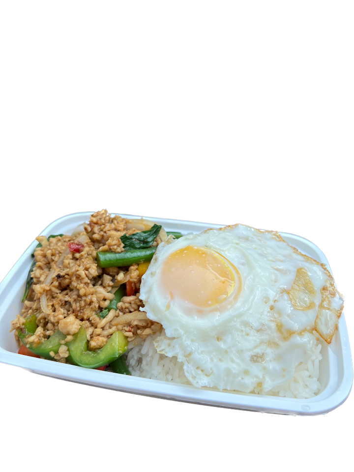 Krapow Gai Sub Kai Daow (L).