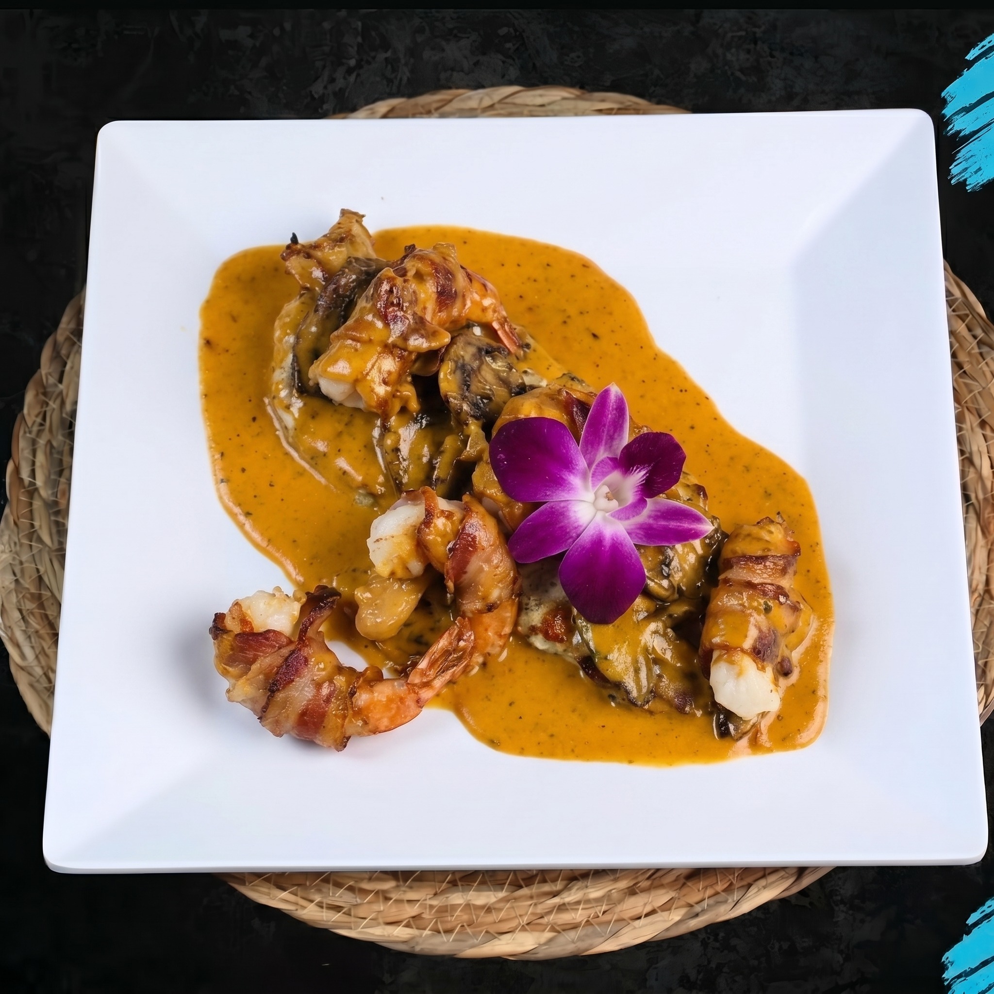 Pechuga Con Camarones Bacon Y Maduros En Salsa De Queso.