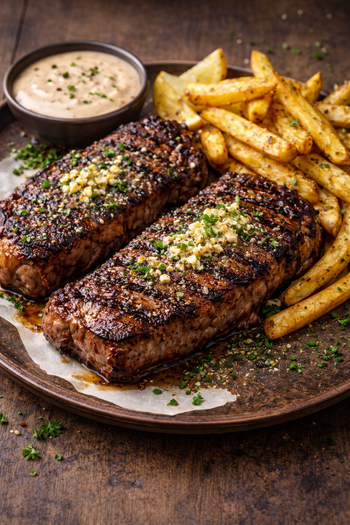 Combo: Beef Strip Steaks (12-14 oz) with Fries.