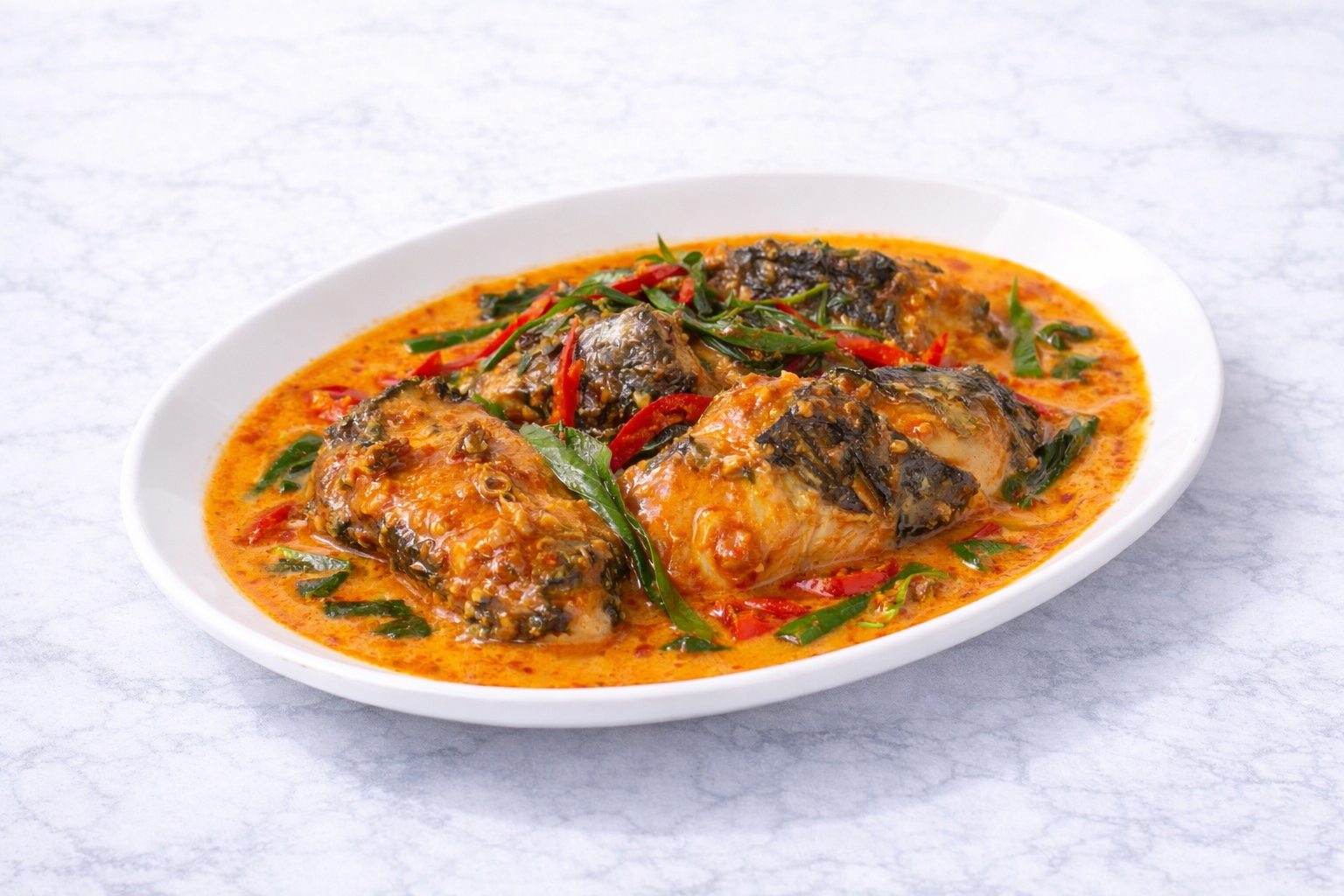 Steamed Catfish w/ Creamy Red Curry Sauce.