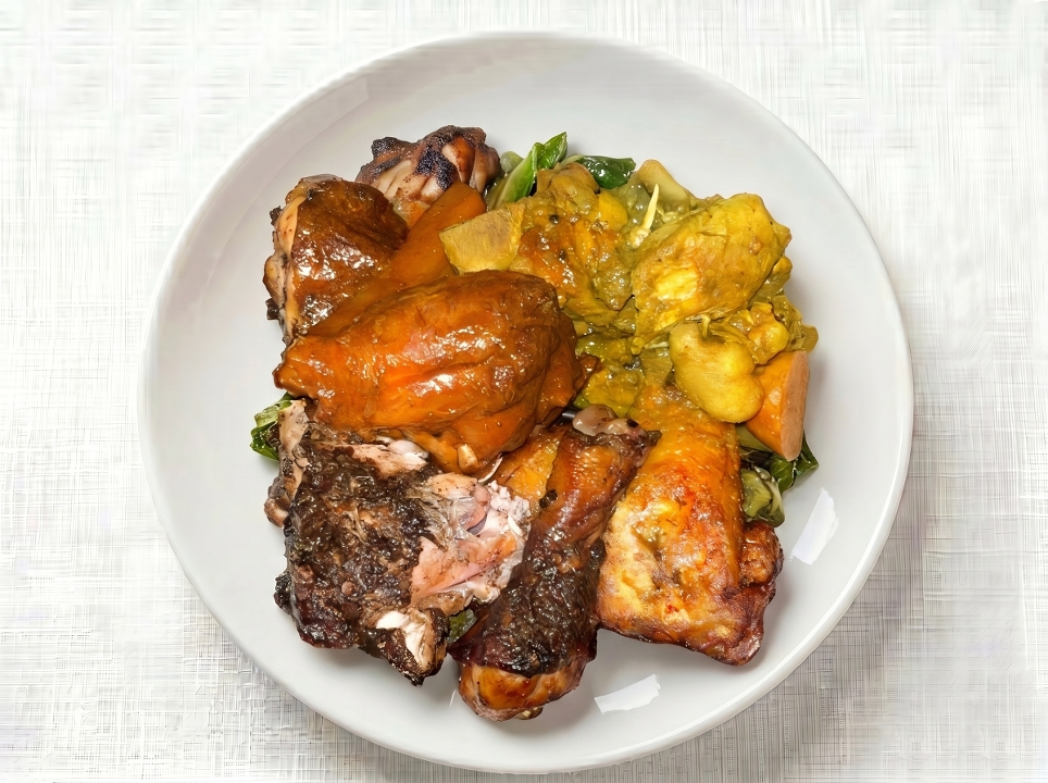 Jerk, Curry, and Brown Stew Chicken Sampler.