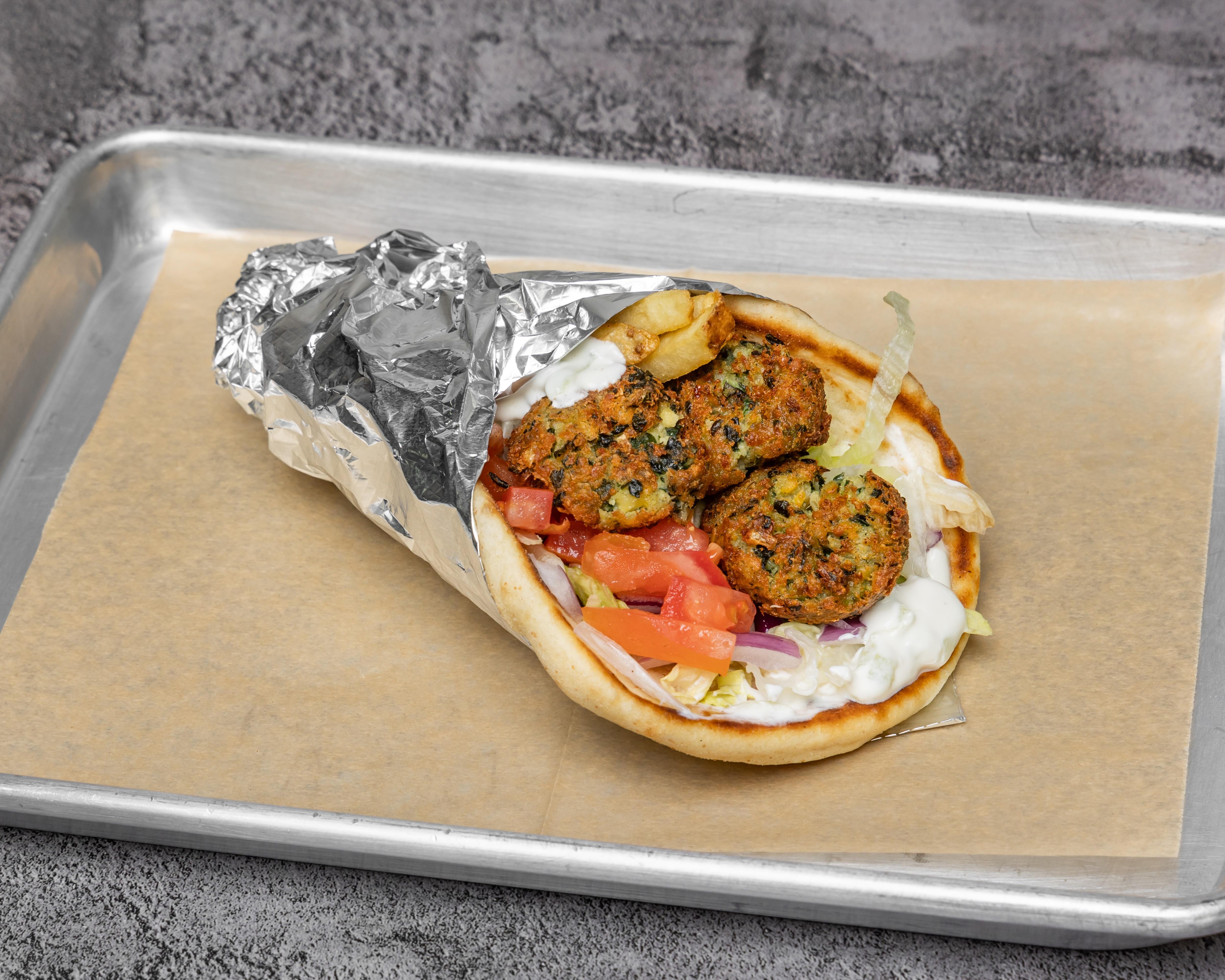 SPINACH FETA FALAFEL SANDWICH.