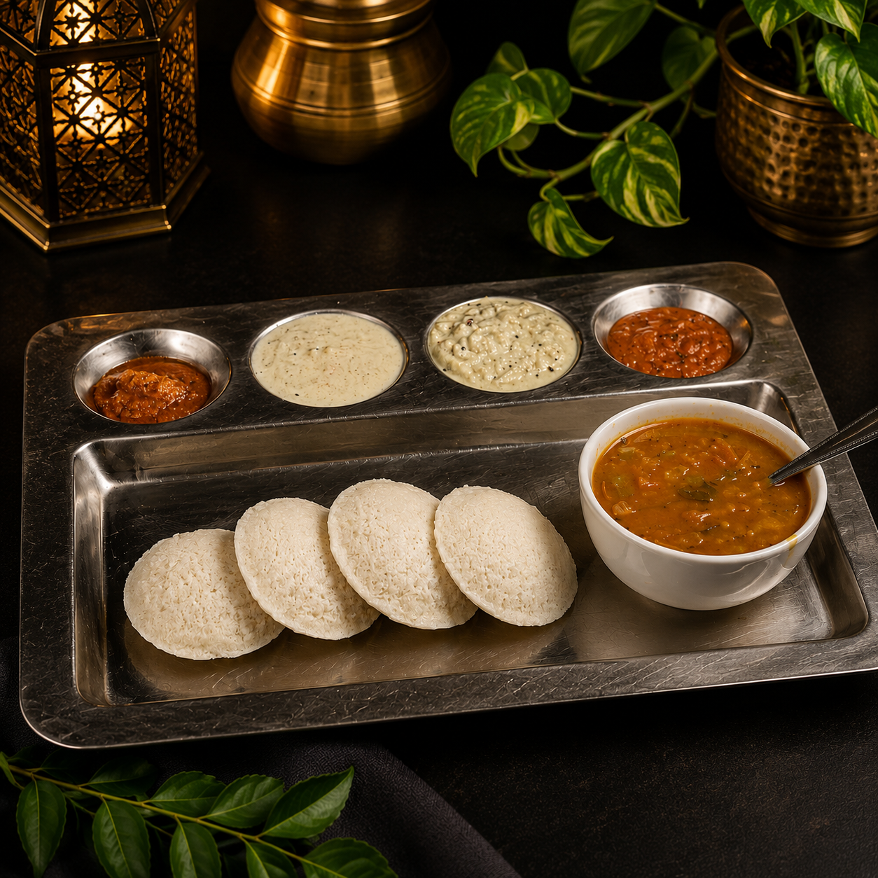 Plain Idli W/ Sambar & Chutney (4 pcs).