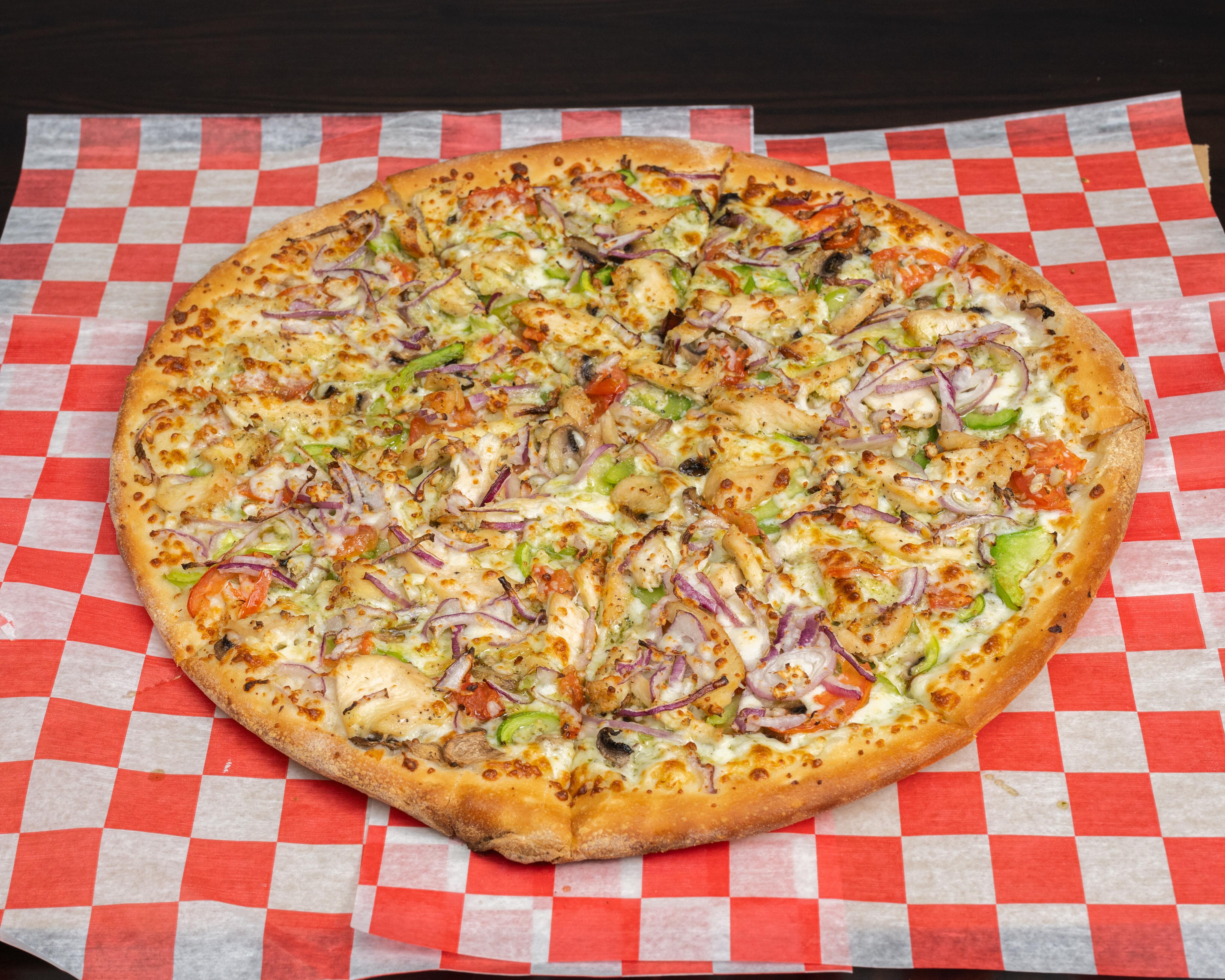 Medium 14" Pesto Chicken Combo Pizza.