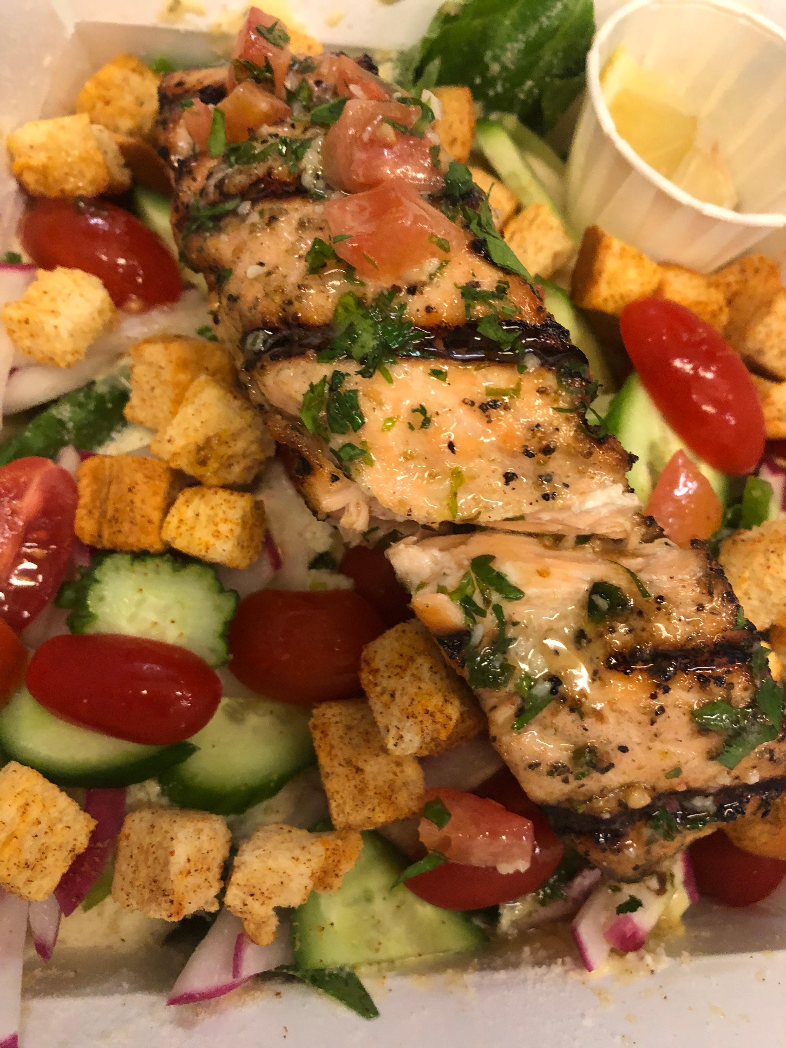 Grilled Salmon Caesar Salad.