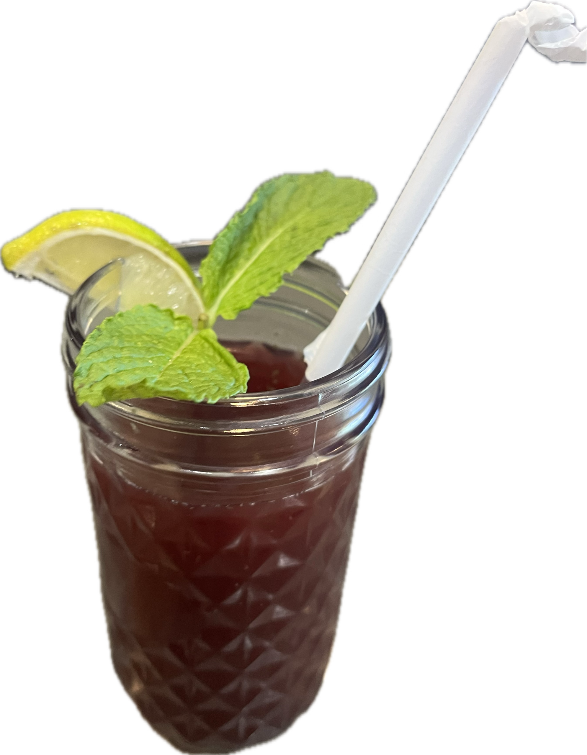 Pomegranate Agave Mojito, over Ice with Lime and Mint.